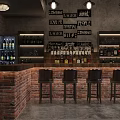 Industrial Bar Interior With Brick Wall Counter Stools Bottle Shelves And Pendant Lights
