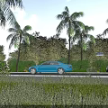 Scenic Road Facilities With Palm Trees Green Vegetation Blue Sign Blue Cars And Blue Sky