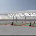 Outdoor Basketball Court With Arched White Membrane Roof Metal Pillars Red Green Court Surface