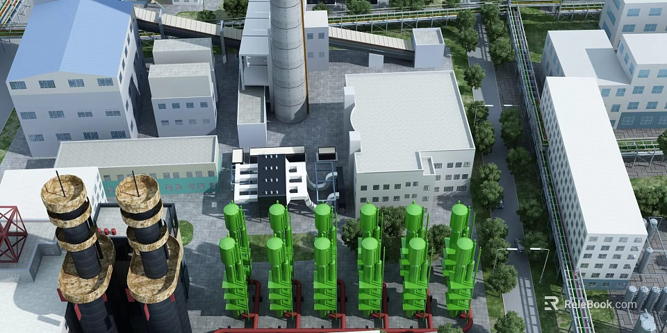 Industrial Factory Complex Featuring Green Equipment Chimney Surrounding Buildings Trees And Layout 3d model 