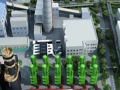 Industrial Factory Complex Featuring Green Equipment Chimney Surrounding Buildings Trees And Layout 3d model