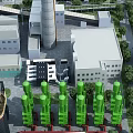 Industrial Factory Complex Featuring Green Equipment Chimney Surrounding Buildings Trees And Layout