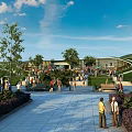 Beautiful Scenic Urban Public Park Promenade Lined With Lush Green Trees Under Bright Blue Sky