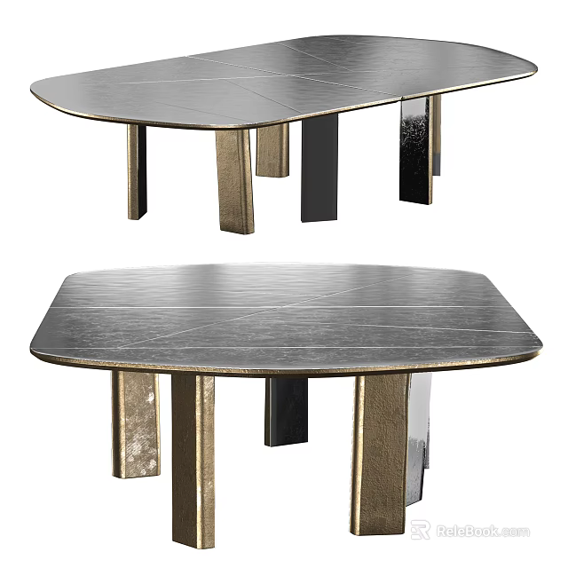 Sleek Modern Dining Table Featuring Oval Dark Wood Top And Gold Black Metal Legs Design 3d model 