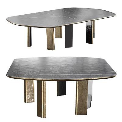 Sleek Modern Dining Table Featuring Oval Dark Wood Top And Gold Black Metal Legs Design 3d model