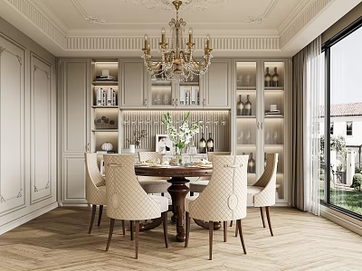Elegant Restaurant Interior With Chandelier Dining Table Chairs Wine Cabinet Wooden Flooring And Garden View 3d model
