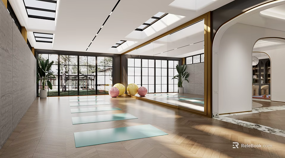 Bright Fitness Studio With Natural Light Wooden Floor Yoga Mats And Exercise Balls 3d model 