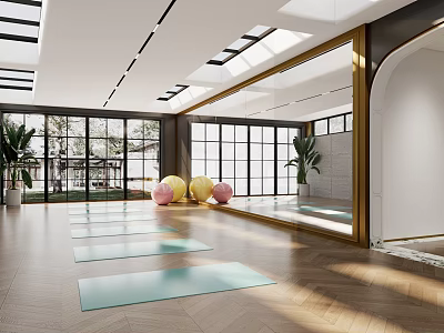 Bright Fitness Studio With Natural Light Wooden Floor Yoga Mats And Exercise Balls 3d model