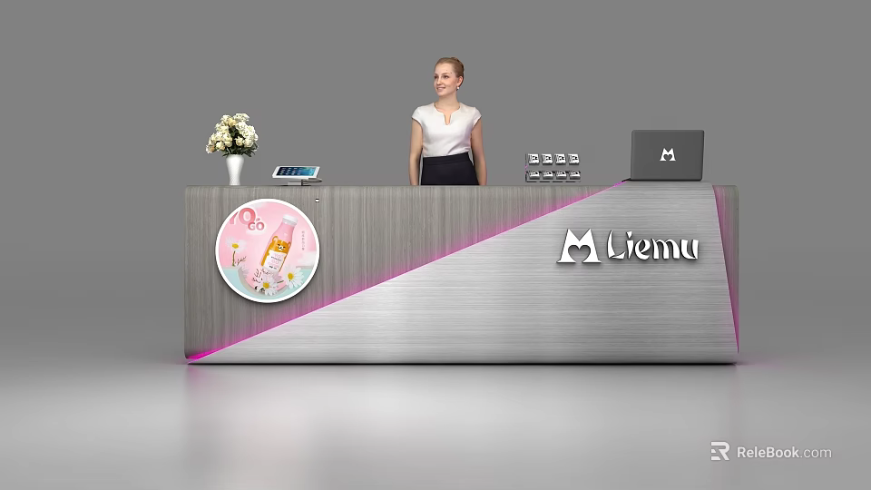 Modern Silver Pink Reception Desk With Circular Cosmetic Logo Flower Vase Tablet Laptop Liemu 3d model 