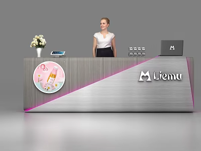 Modern Silver Pink Reception Desk With Circular Cosmetic Logo Flower Vase Tablet Laptop Liemu 3d model