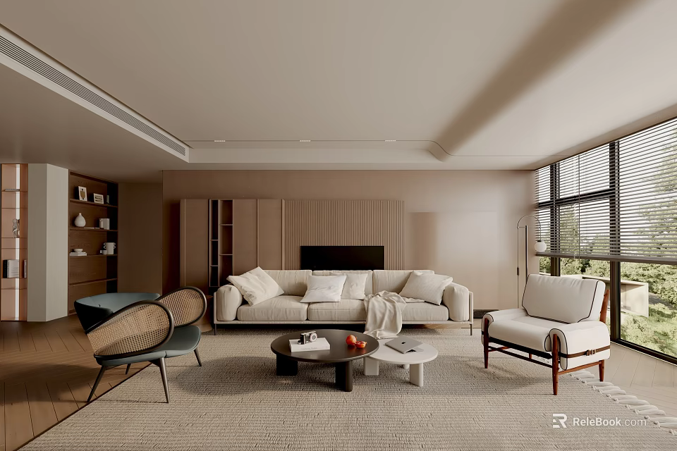 Modern Living Room Interior With Beige Sofa Chairs Coffee Table Rug And Large Windows 3d model 