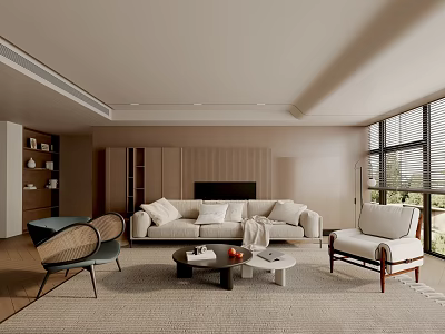 Modern Living Room Interior With Beige Sofa Chairs Coffee Table Rug And Large Windows 3d model
