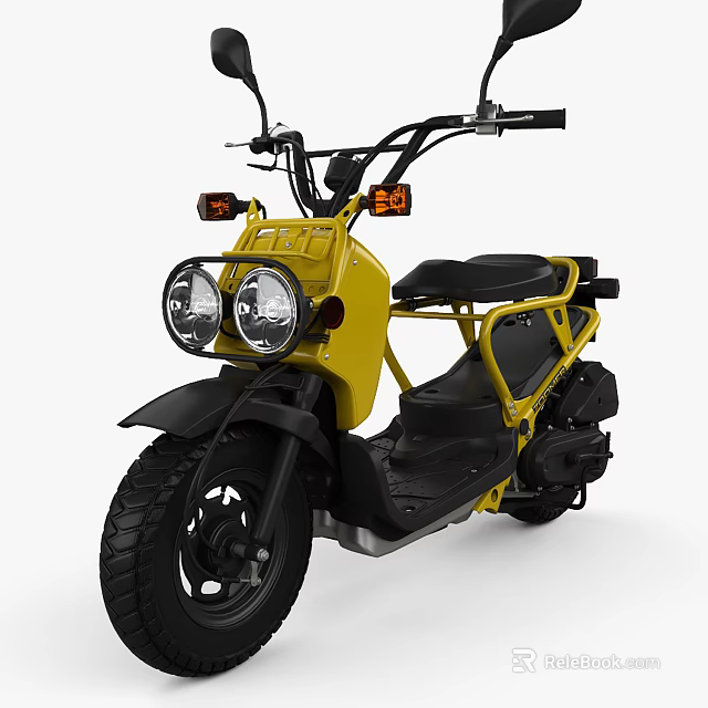 Yellow Compact Scooter Motorcycle With Dual Round Headlights Black Seat And Wheels 3d model 