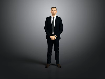 Professional Man in Black Suit White Shirt and Tie Standing Against Gray Background 3d model