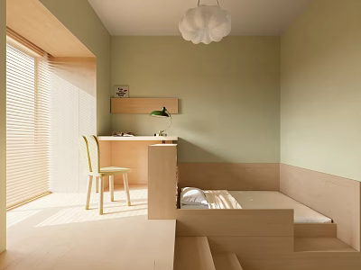 Light Green Tatami Bedroom With Built In Wooden Bed Desk Chair And Natural Light 3d model