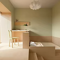 Light Green Tatami Bedroom With Built In Wooden Bed Desk Chair And Natural Light