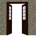 Wooden Hinged Door With Classic Design Glass Panes Against Floral Wallpaper Open In Interior Space