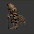 Mystical Creature With Cat Like Head Green Eyes Red Ears Holding Staff And Decorative Outfit