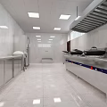 Commercial Kitchen Interior With Stainless Steel Appliances Marble Walls And Ceiling Lighting Fixtures