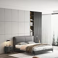 Background Double Bed With Gray Headboard Nightstands Table Lamps Gray Rug And Curtains