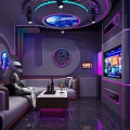 Modern KTV Room With Neon Lights Starry Ceiling Sofa TV Screen And Spacesuit Figure