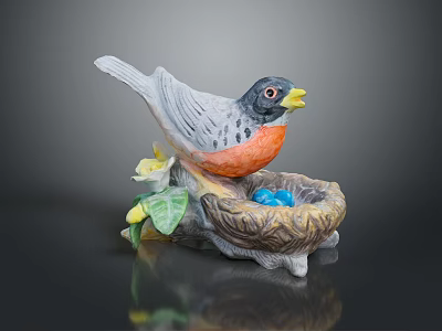 Ceramic Bird Perched on Bird Nest with Blue Eggs Yellow Flowers and Green Leaves 3d model