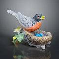 Ceramic Bird Perched on Bird Nest with Blue Eggs Yellow Flowers and Green Leaves