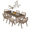 Wooden Dining Table Set With Six Rattan Back Chairs And Tabletop Decor