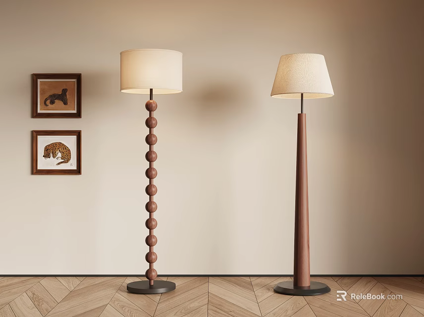 Modern Floor Lamps with Beaded Cylindrical Poles White Fabric Shades on Beige Wall Herringbone Floor 3d model 
