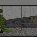 Modern Feature Wall Design with Marble Panels Stone Texture PARK Signage Greenery and Gravel Ground
