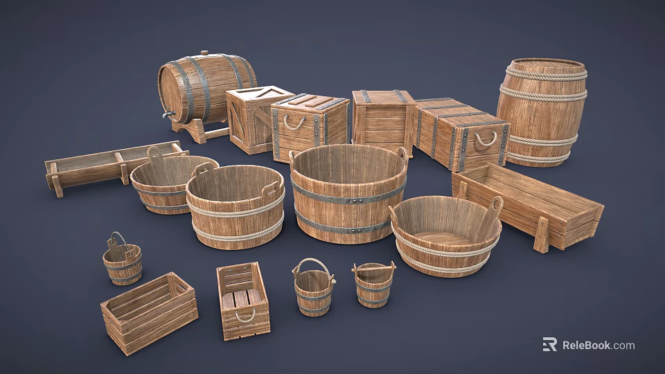 Rustic Wooden Decorative Ornament Set With Barrels Boxes Basins And Trays 3d model 