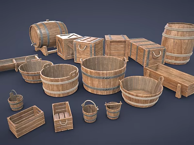 Rustic Wooden Decorative Ornament Set With Barrels Boxes Basins And Trays 3d model