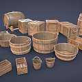 Rustic Wooden Decorative Ornament Set With Barrels Boxes Basins And Trays 3d model