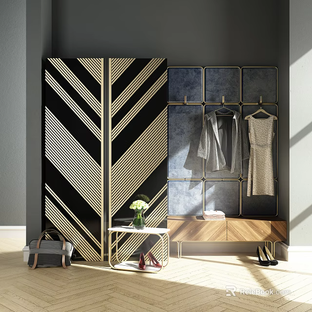 Modern Shoe Cabinet With Geometric Pattern Hanging Rails And Side Table 3d model