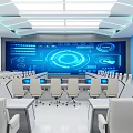 Modern Conference Room With Digital Blue Tech Display White Chairs Meeting Tables And Bright Lighting