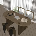 Oval Wooden Dining Table Set with Matching Chairs Decorative Bowl Books Coffee Cup and Plant