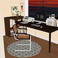 Cozy Wooden Desk with Computer Monitor Books Lamp Chair and Sunset View by Window