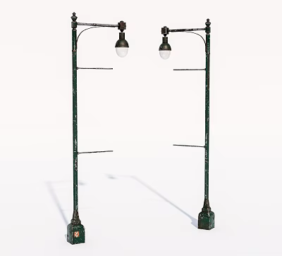 Green Outdoor Street Lights With Poles Crossbars And White Shades 3d model