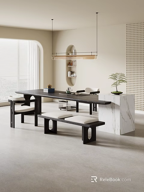 Modern Style Tea Table and Chairs with Wooden Bench Marble Counter and Potted Plant 3d model 