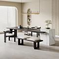 Modern Style Tea Table and Chairs with Wooden Bench Marble Counter and Potted Plant