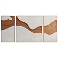 Three Panel Abstract Painting With Wavy Brown Beige Lines Framed For Home Decor