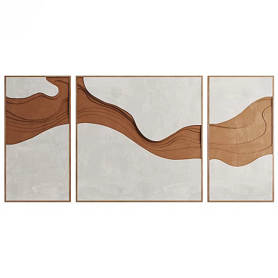 Three Panel Abstract Painting With Wavy Brown Beige Lines Framed For Home Decor 3d model
