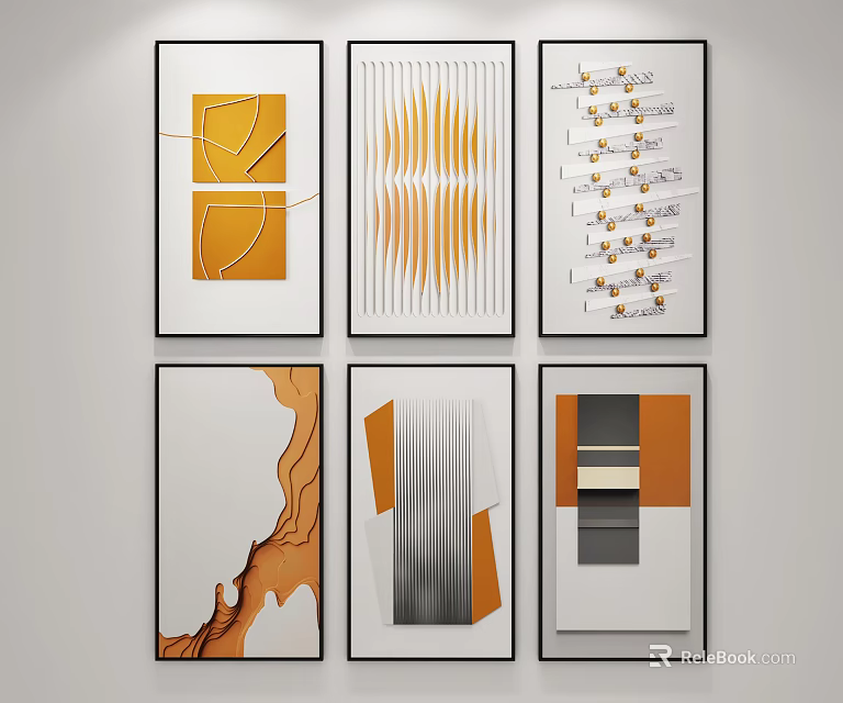 Modern Abstract Wall Artworks With Geometric Patterns And Orange Gray Tones 3d model