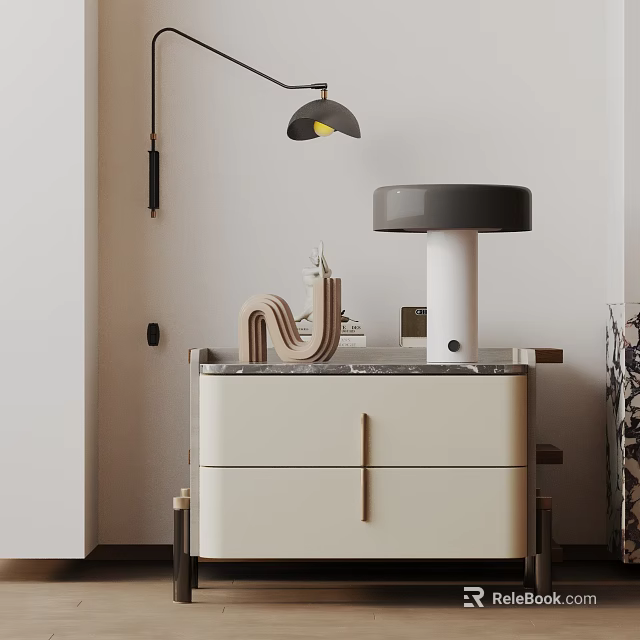 Modern White Bedside Table With Marble Top And Table Lamp Decorative Items 3d model