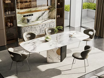 Modern Dining Table Set With Marble Top And Upholstered Chairs In Elegant Interior 3d model