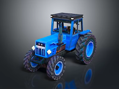 Blue Block Style Tractor With Large Wheels And Black Roof 3d model