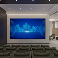 Modern Public Office Space with Rows of Seats Large Blue Screen Black Paneled Walls and Recessed Lights