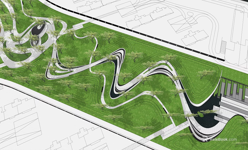 Modern Park Landscape Design Featuring Winding Paths Green Lawns And Trees 3d model 