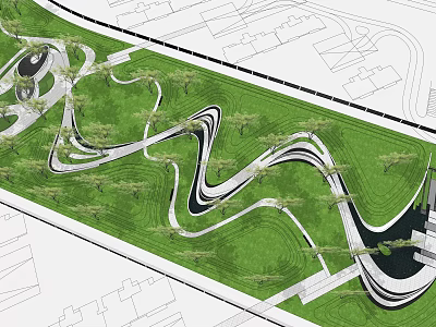 Modern Park Landscape Design Featuring Winding Paths Green Lawns And Trees 3d model