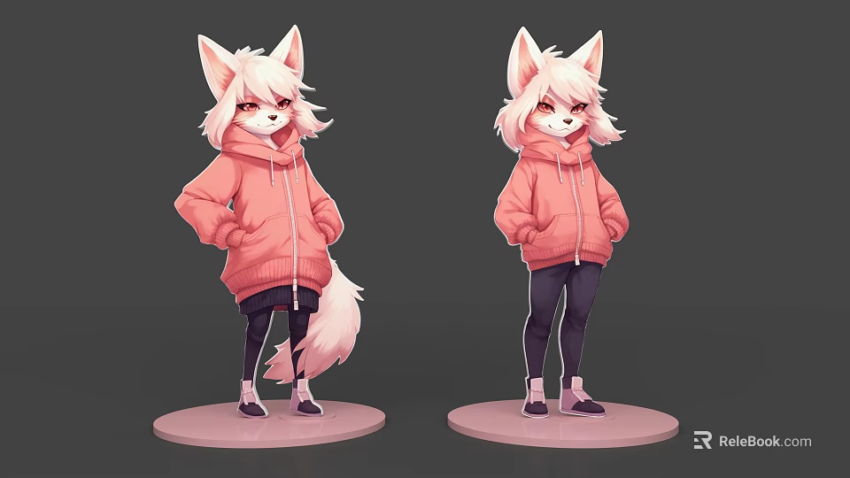 Anime Game Character Wearing Pink Hoodie With Fox Ears White Tail Standing On Pink Base 3d model 